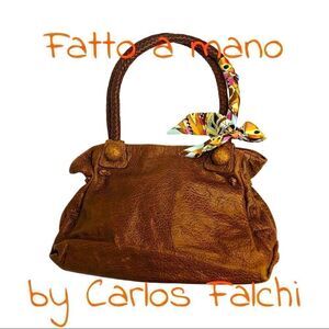 Fatto a mano by Carlos Falchi Vintage Leather Satchel Bag Purse w Accent Scarf